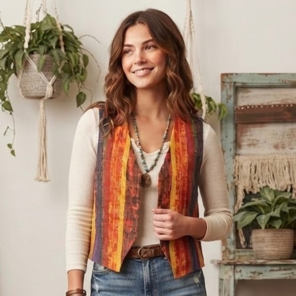 Kathy's Stitches Vintage 80s Hand Loomed Vest Bohemian Striped Waistcoat rainbow